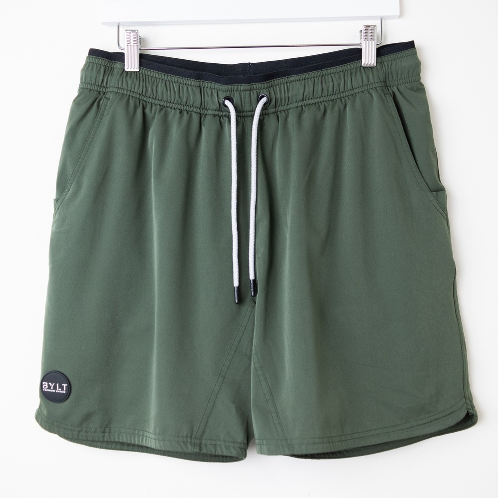 BLYT Active+ Shorts Mens XL Olive Green Liner Stretch Zip Pockets Athletic